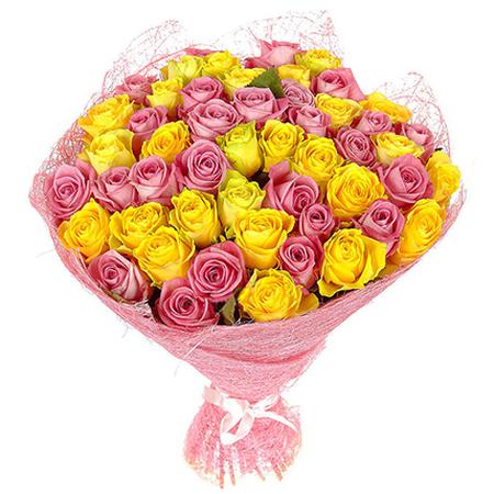 Букет 51 роза 60 см розовая и желтая