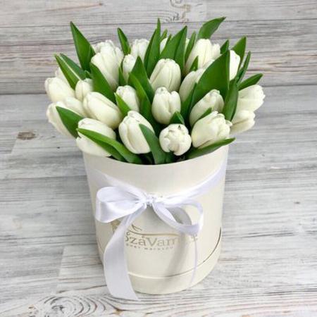 29 белых тюльпанов в белой коробке